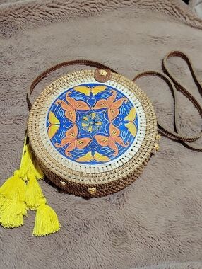 Vintage Woven Round Crossbody Bag with Blue & Yellow Butterfly Design